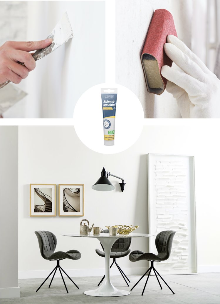Collage Schnellspachtel und weisse Wand