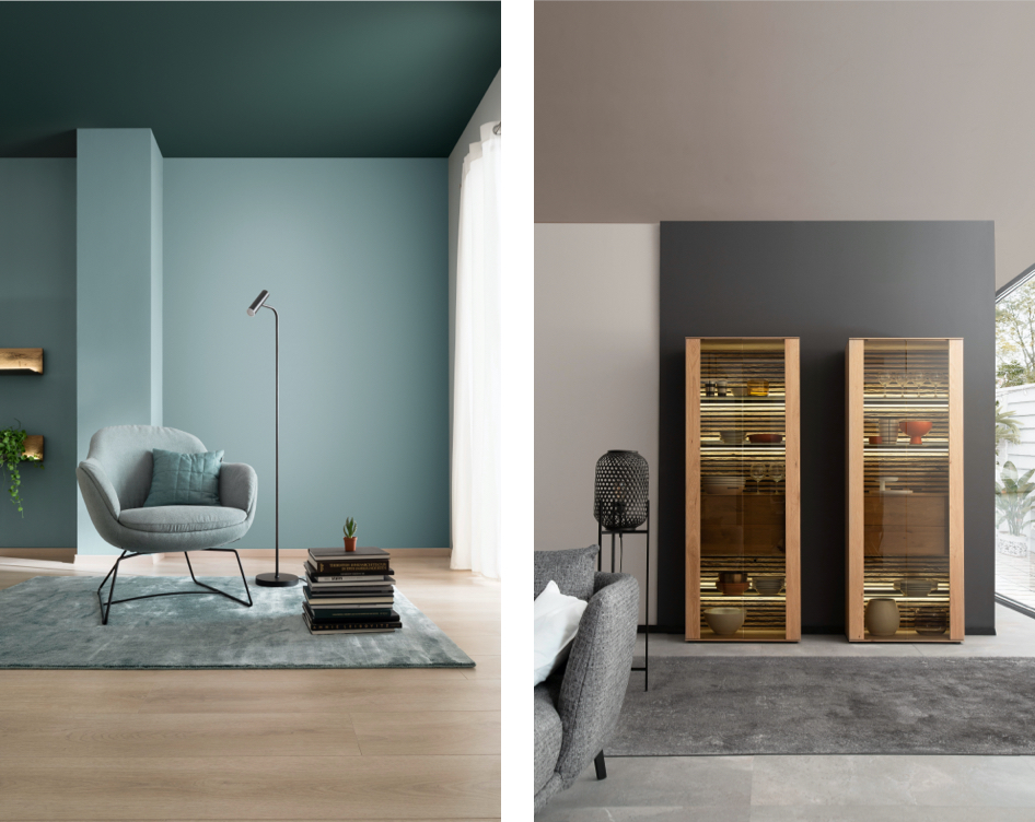 Collage neuer Wohnakzente in der Trendfarbe Jungle und Grautönen der SCHÖNER-WOHNEN-Designfarben