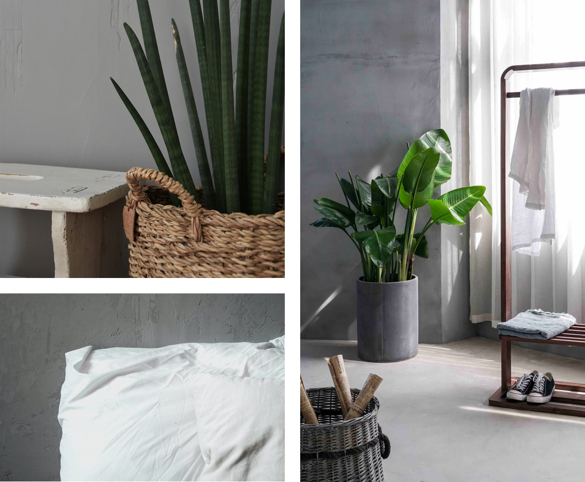 Collage zu Wohnaccessoires und Wandgestaltung mit Beton