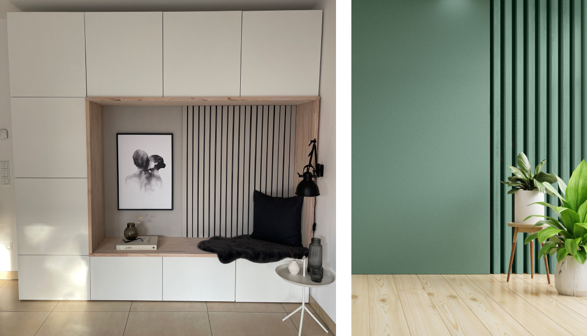 Wandpaneele in den SCHÖNER-WOHNEN-Farbe Designfarben "Edles Kaschmierbraun" und "Erhabenes Agavengrün"