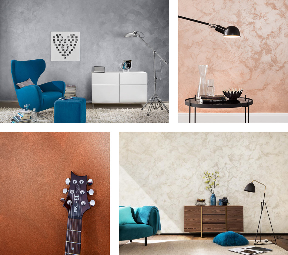 Verschiedene SCHÖNER-WOHNEN-Farbe Trendstrukturen zum Thema Metall 