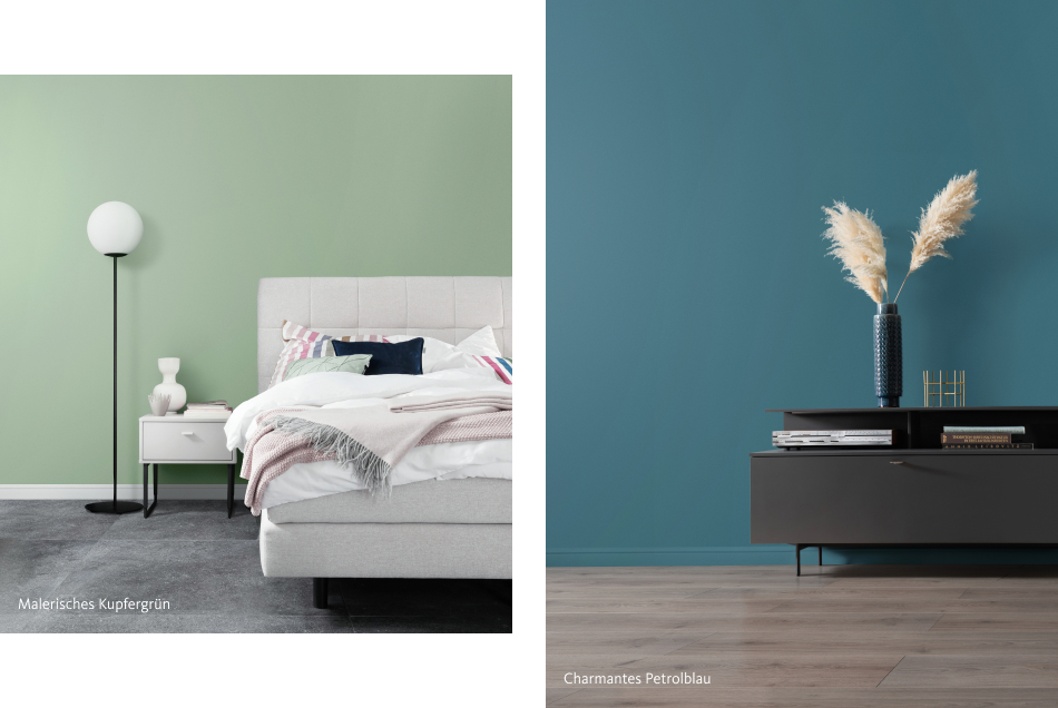 Beispiele für SCHÖNER-WOHNEN-Farbe Designfarben "Charmantes Petrolblau" und "Malerisches Kupfergrün" als Wandfarbe