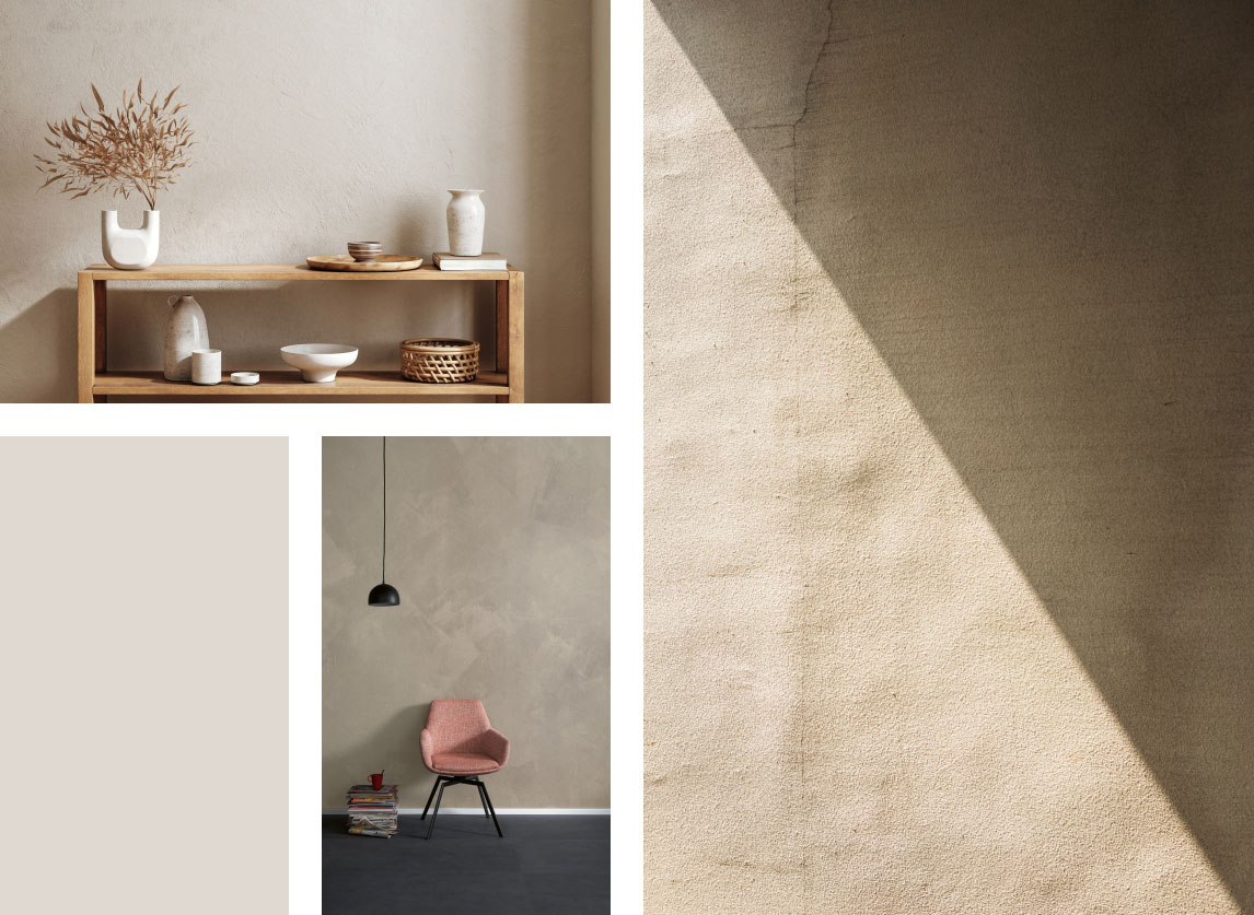 Collage mit Interior Inspirationen zur Trendstruktur "Stoneoptik" von SCHÖNER-WOHNEN-Farbe