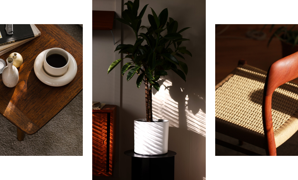 70er-Jahre typische Materialien wie Walnuss, Teak, Rattan und Korb