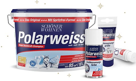 Collage SCHÖNER-WOHNEN-Farbe Polarweiss Produkte